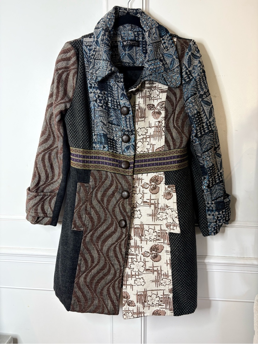 Tapestry-Mixed-Pattern Women's trench Coat - Blue, Brown & Cream